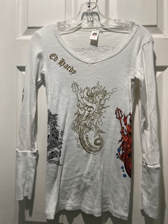 Ed Hardy Tops - Ed Hardy White Long Sleeve V-Neck Top with Gold, Black and Red Graphics
